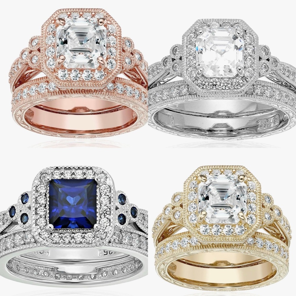 NWT-Asscher-Cut Rose Gold, Platinum,Created Sapphire and Gold in SS Antique Ring
